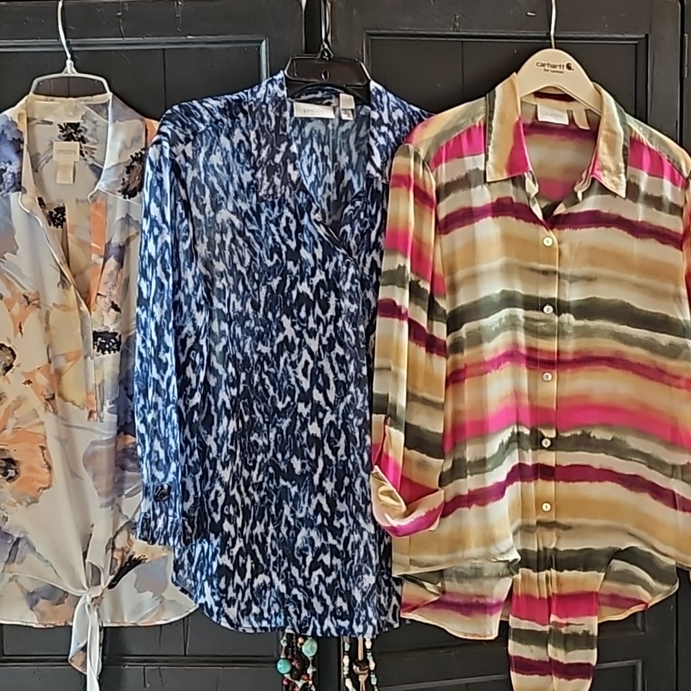 Three size 2 Chicos blouses sleeves can roll up beautiful really glass buttons